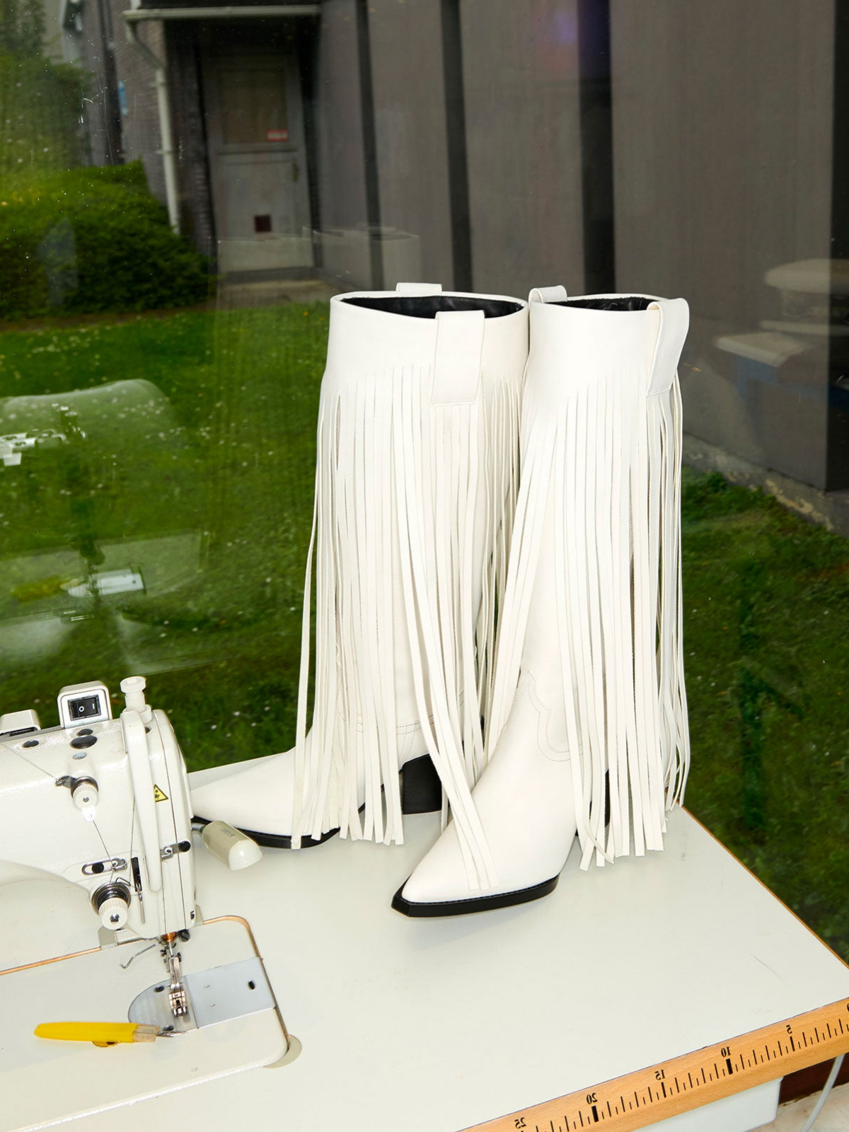 Ivory Snip-Toe Fringed Folded Panel Wide Mid Calf Boots