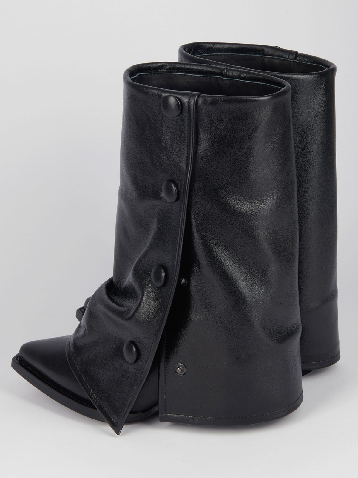 Black Snip-Toe Fold-Over Snapped Panel Wide Mid Calf Boots