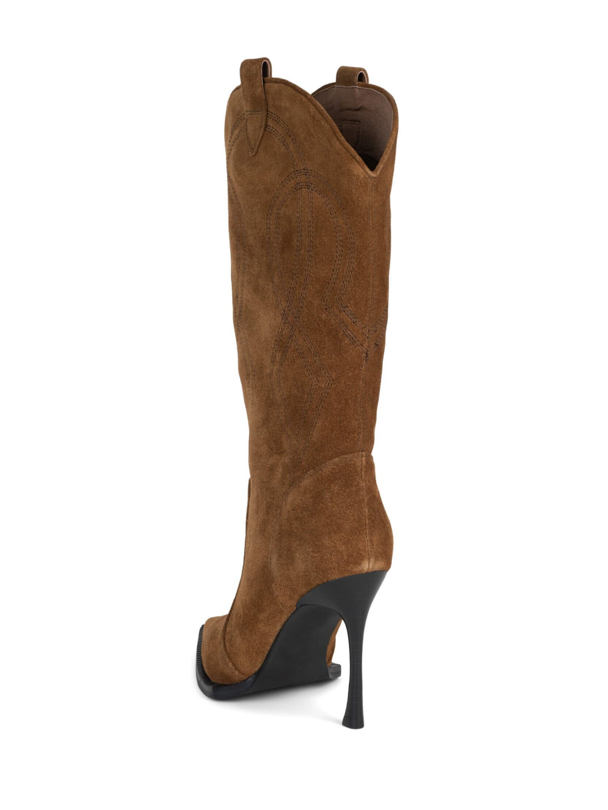 Dark Tan Faux Suede Pointed-Toe Embroidery Mid Calf Stiletto Boots