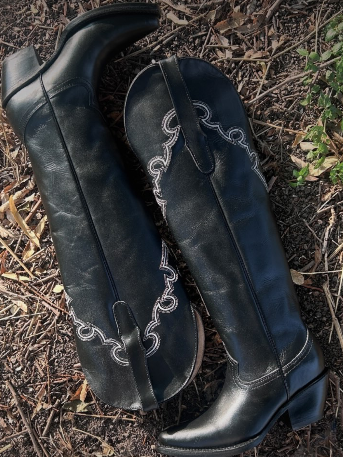 Black Snip-Toe Embroidery Wide Calf Tall Knee High Cowgirl Boots