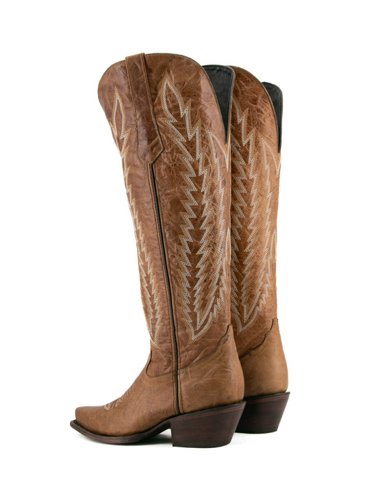 Distressed Camel Embroidery Snip-Toe Half-Zip Western Knee High Tall Boots