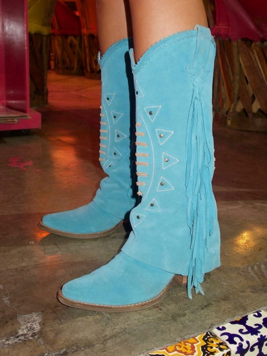 Fold-Over Faux Suede Snip-Toe Fringe Studded Running Stitch Wide Mid Calf Cowgirl Boots- Blue