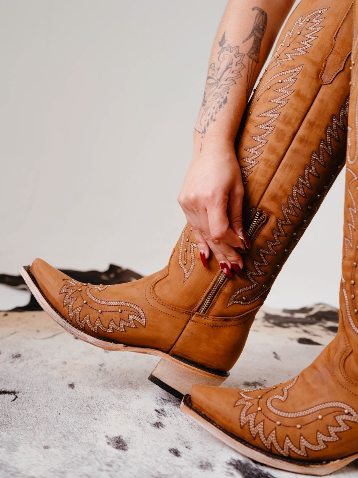 Caramel Snip-Toe Studded Embroidery Half-Zip Tall Knee High Cowgirl Boots