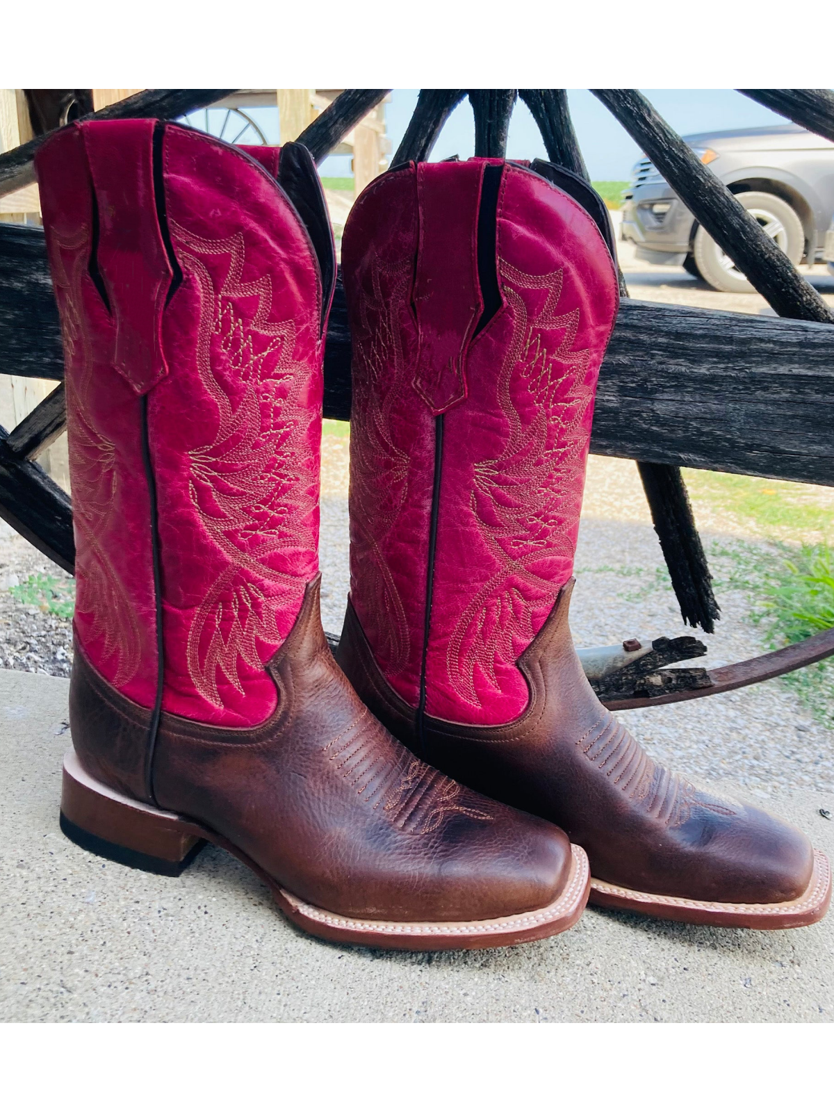 Contrast Brown And Fuchsia Square-Toe Embroidery Wide Mid Calf Tall Cowgirl Boots