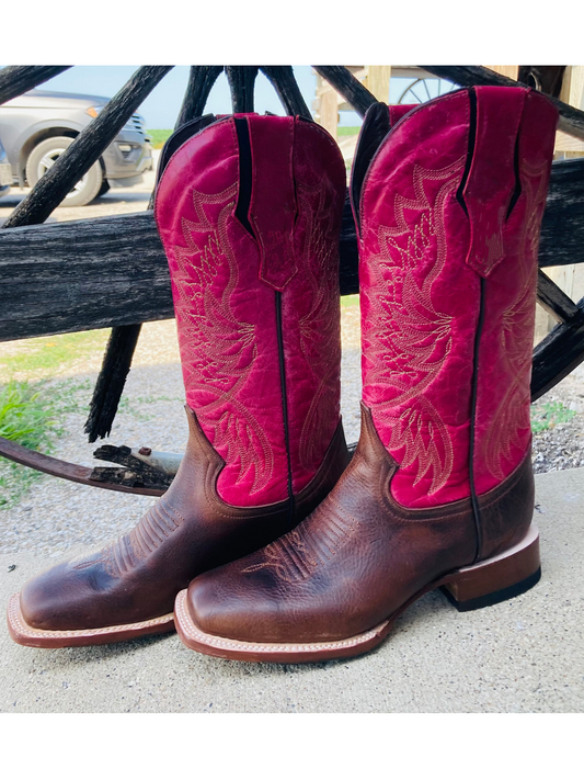 Contrast Brown And Fuchsia Square-Toe Embroidery Wide Mid Calf Tall Cowgirl Boots