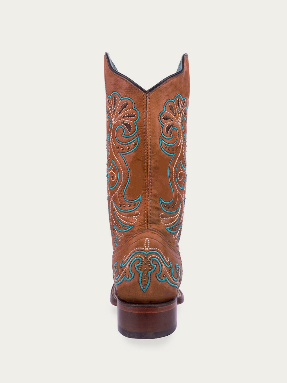 Brown Square-Toe Colorful Embroidery Studded Wide Mid Calf Cowgirl Boots