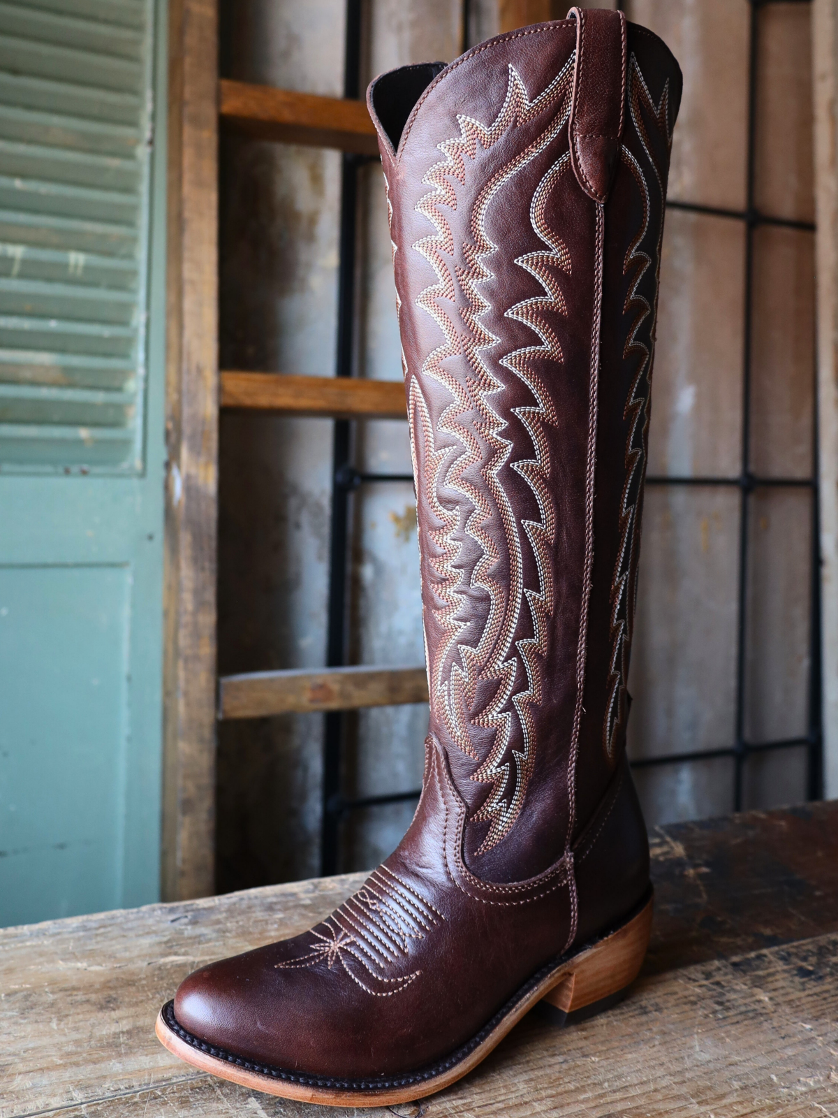 Full-Zip Almond-Toe Classic Embroidery Tall Knee High Cowgirl Boots - Chocolate