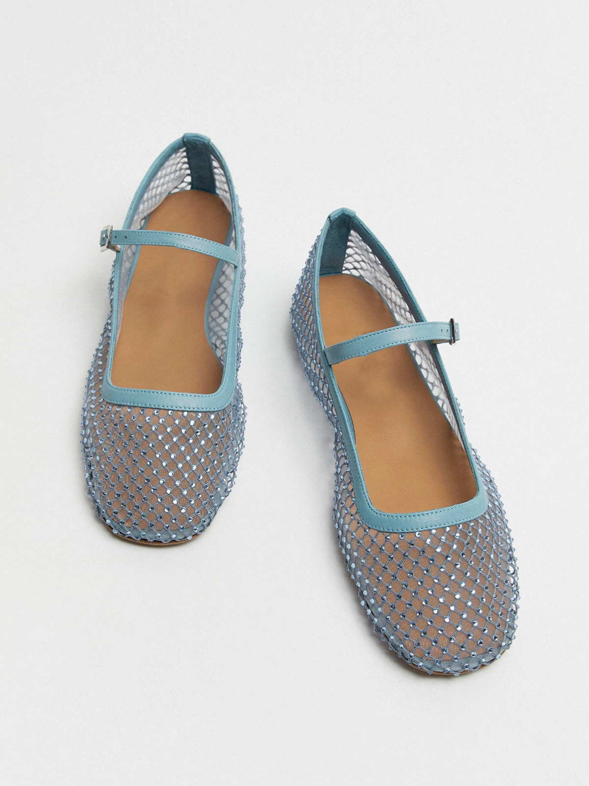 Light Blue Sparkle Rhinestone Ballerinas Semi-Transparent Mesh Strass Flats Mary Janes