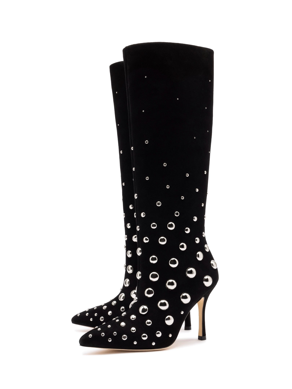 Black Faux Suede Pointed-Toe Wide Mid Calf Stiletto Boots With Studs