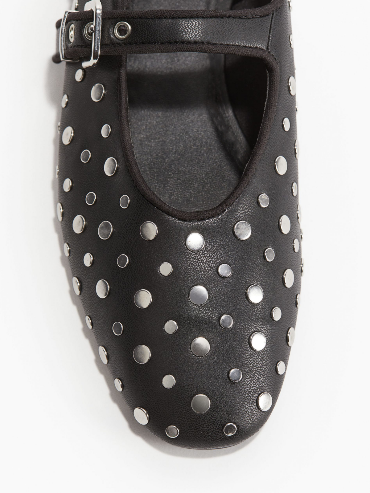 Black Almond-Toe Studded Adjustable Metal Clasp Mary Janes Ballet Flats