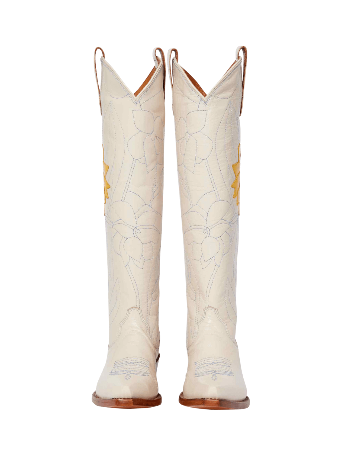 Cream Snip-Toe Embroidery Flower Applique Wide Calf Knee High Cowgirl Boots