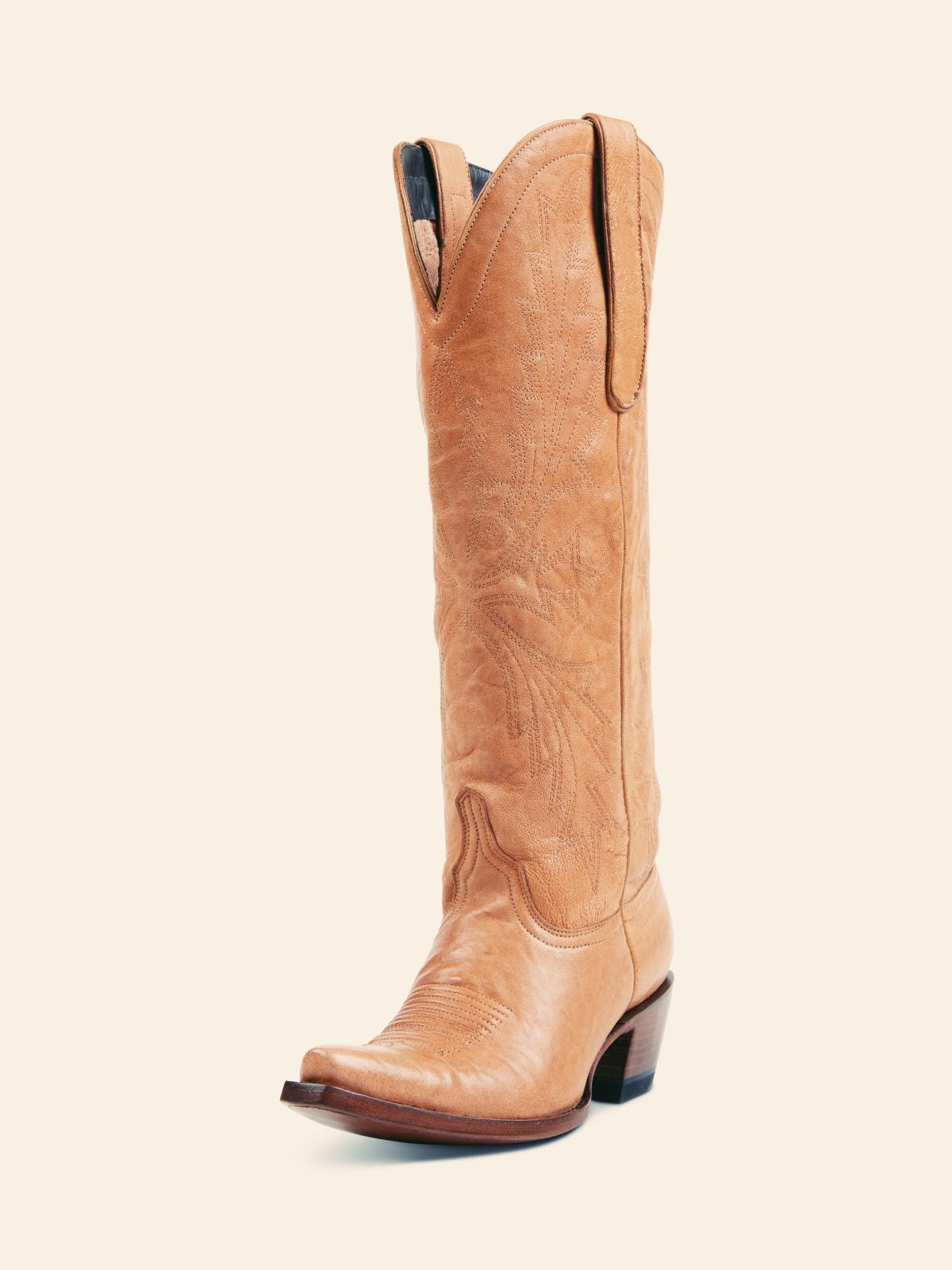 Glossy Tan Embroidered Snip-Toe Knee High Western Boots Cowgirl Tall Boots