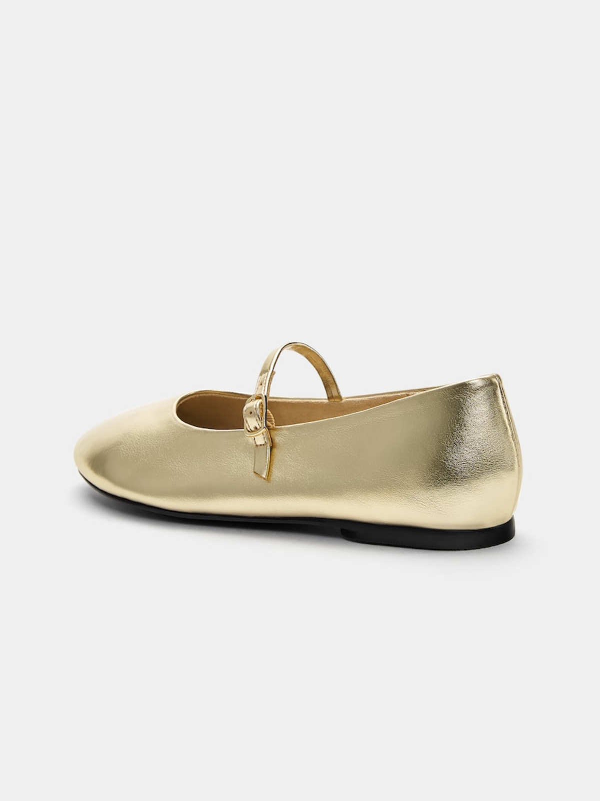 Buckled Detailed Strappy Oval Ballet Flats Mary Janes In Metallic Gold