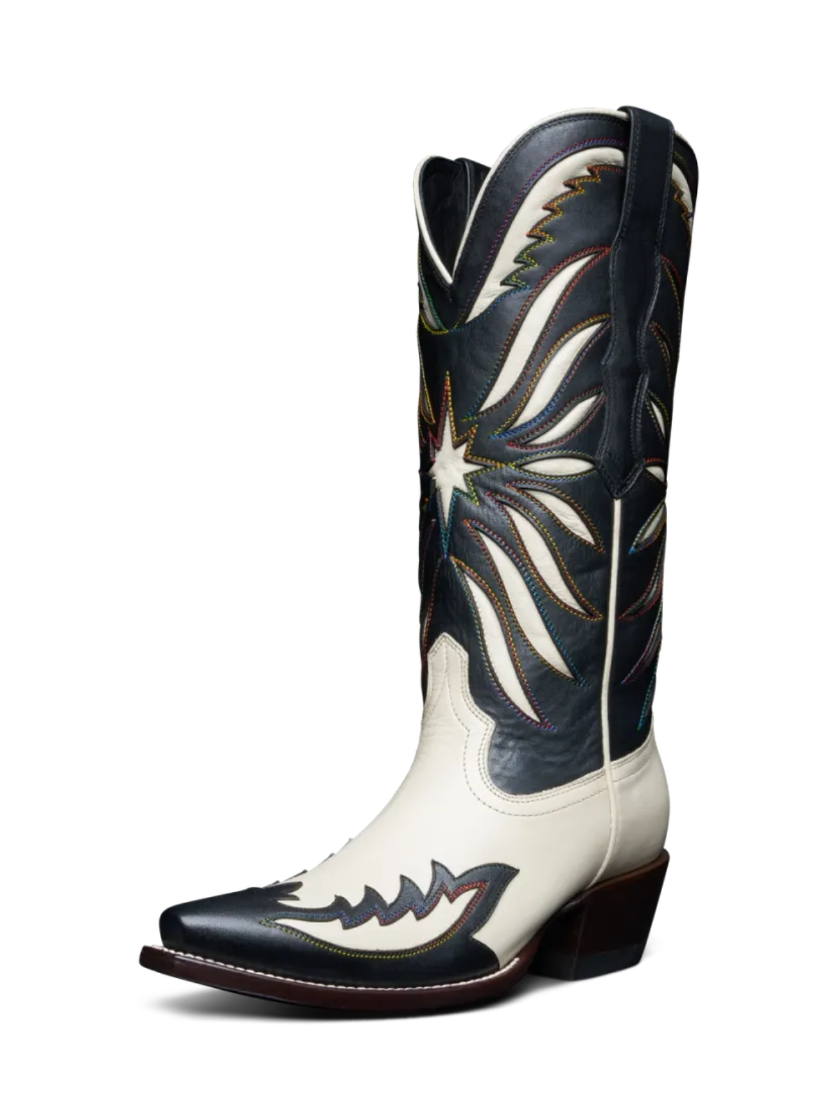 Contrast Black And Ivory Inlay Applique Snip-Toe Embroidery Wide Mid Calf Western Boots