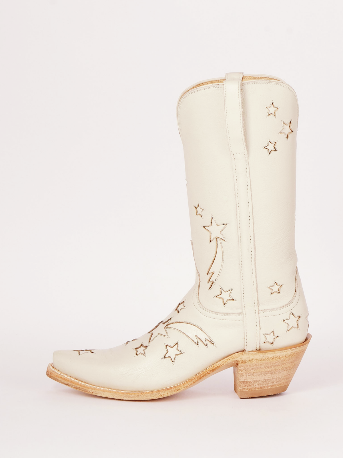 Cream Snip-Toe Wide Mid Calf Western Boots Cowgirl Tall Boots With Star Inlay