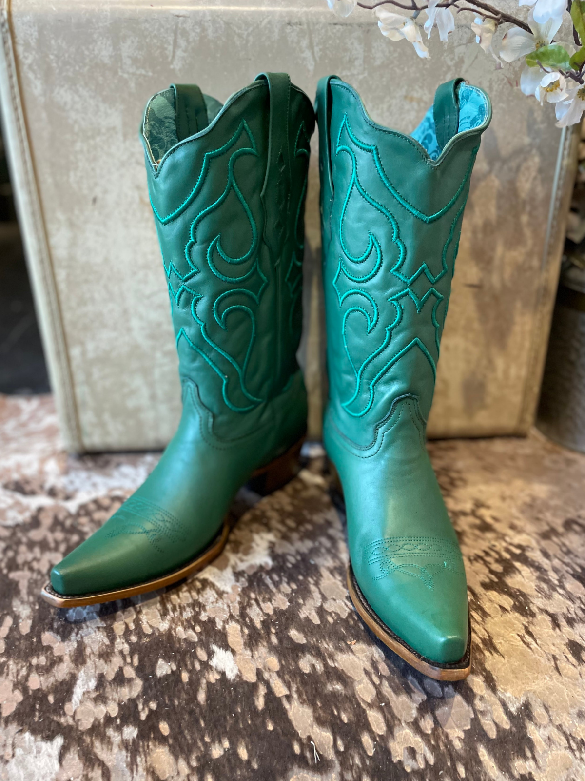 Green Embroidery Snip-Toe Wide Mid Calf Tall Western Boots For Women