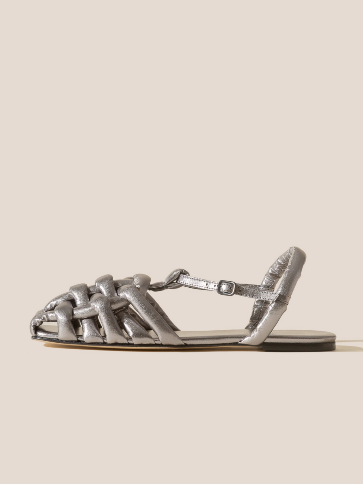 Metallic Silver Padded Strap Interwined Square-Toe Flats Sandals With Ankle T-Strap