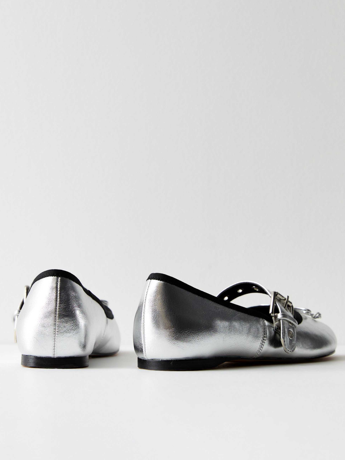 Metallic Silver Bow Ballet Flats Mary Janes With Eyelet Buckled Strap