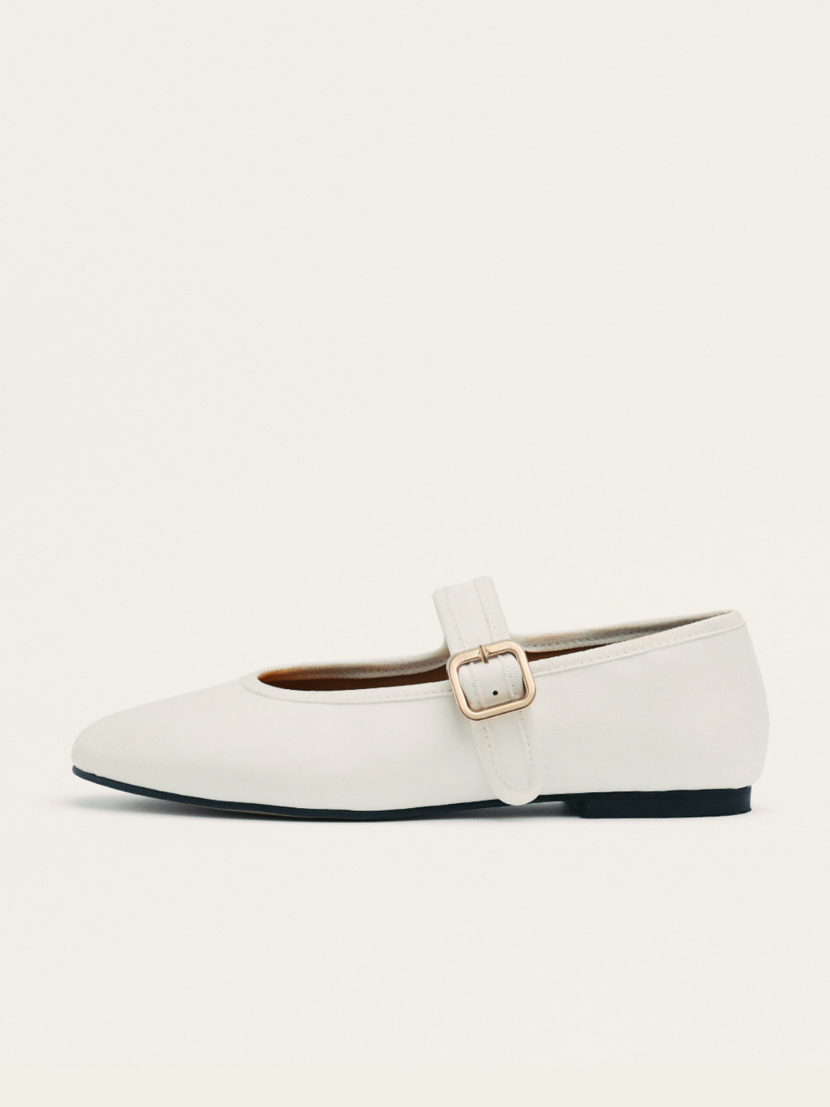 White Buckled Detailed Oval Ballet Flats Mary Janes With Wide Strap