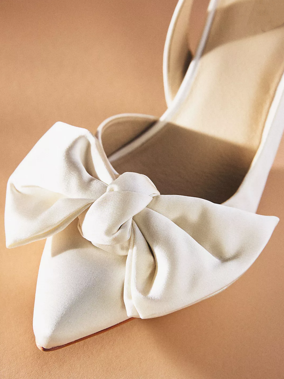 Ivory Satin Pointed-Toe Slingback Bow Pump Kitten Heels