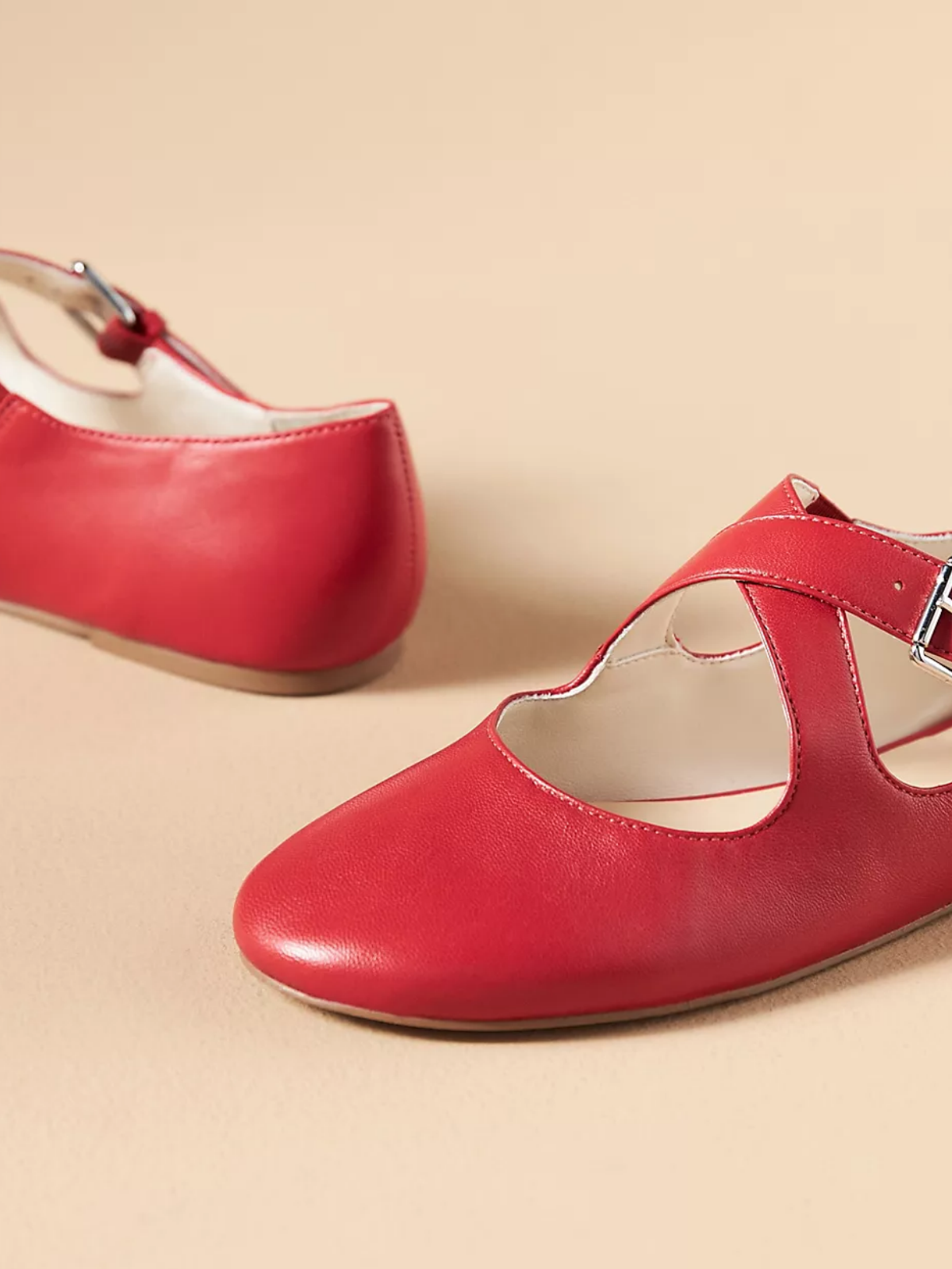 Red Buckled Cross Strap Round-Toe Mary Janes Flats