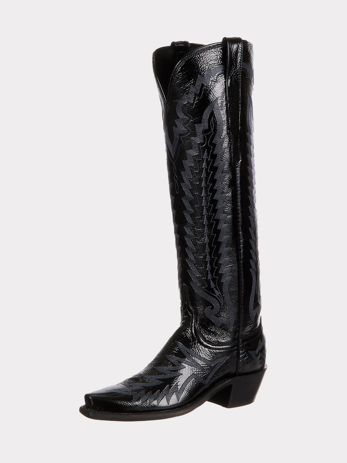 Crinkle Patent Snip-Toe Embroidery Wide Calf Knee High Tall Cowgirl Boots - Black