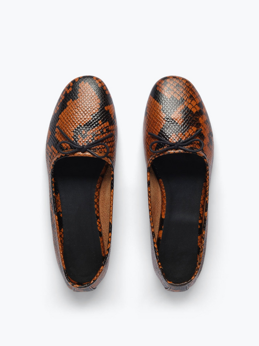 Burnt Sienna Snakeskin Embossed Bow Round-Toe Ballerina Flats