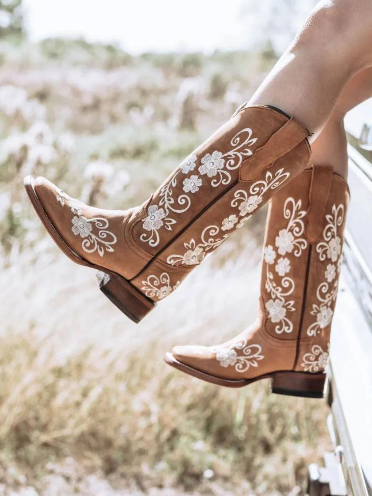 Brown Floral Embroidery Rhinestone Square-Toe Wide Mid Calf Cowgirl Boots