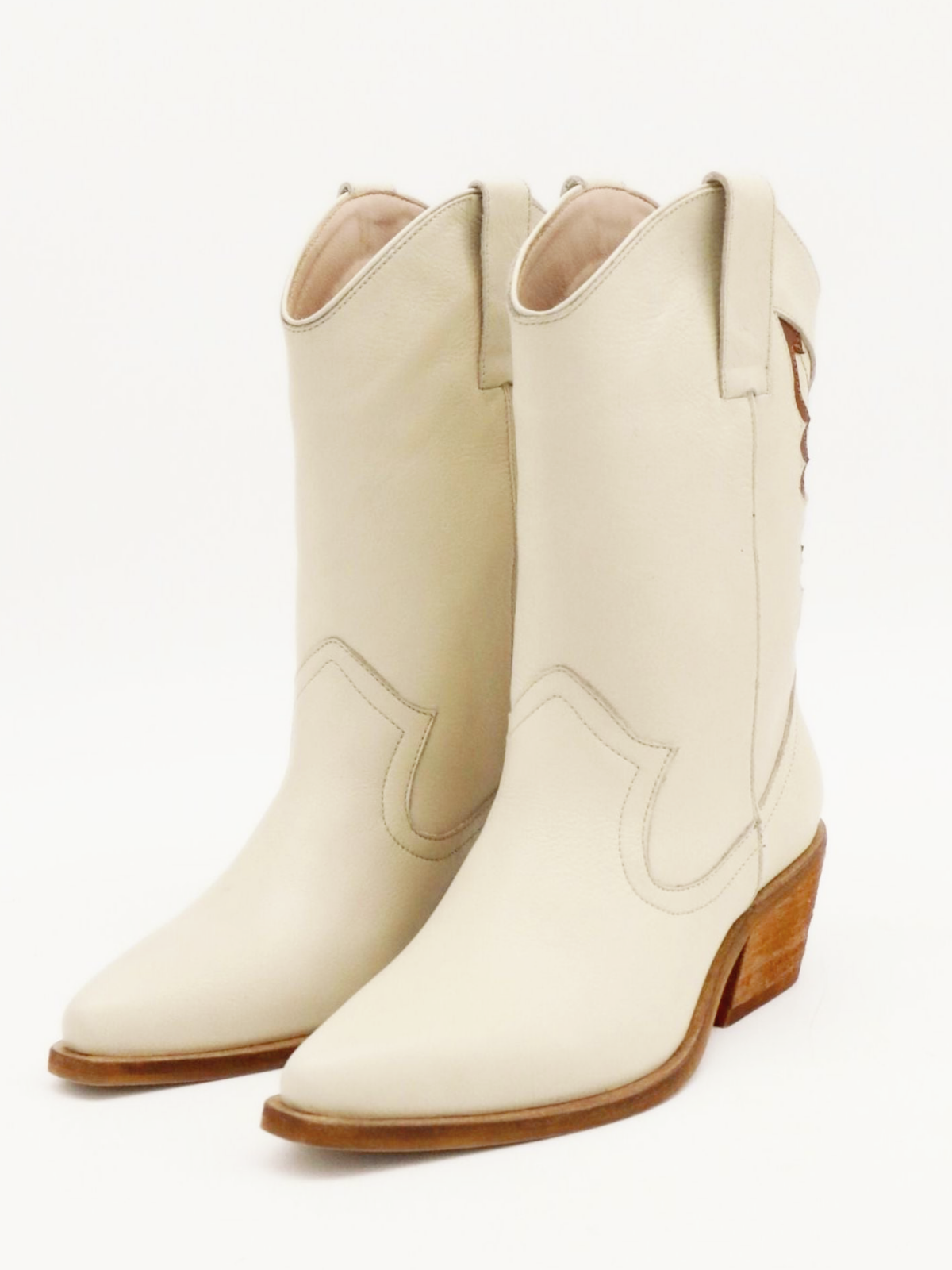 Ivory Snip-Toe Tan Butterfly Inlay Wide Mid Calf Cowgirl Boots