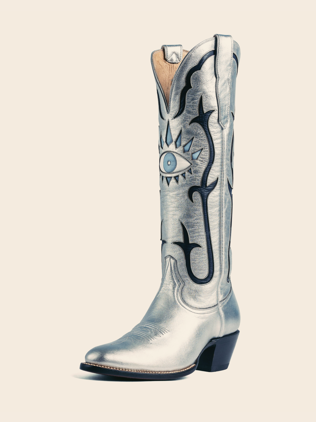 Metallic Silver Evil Eye Inlay Almond-Toe Wide Mid Calf Western Cowgirl Tall Boots