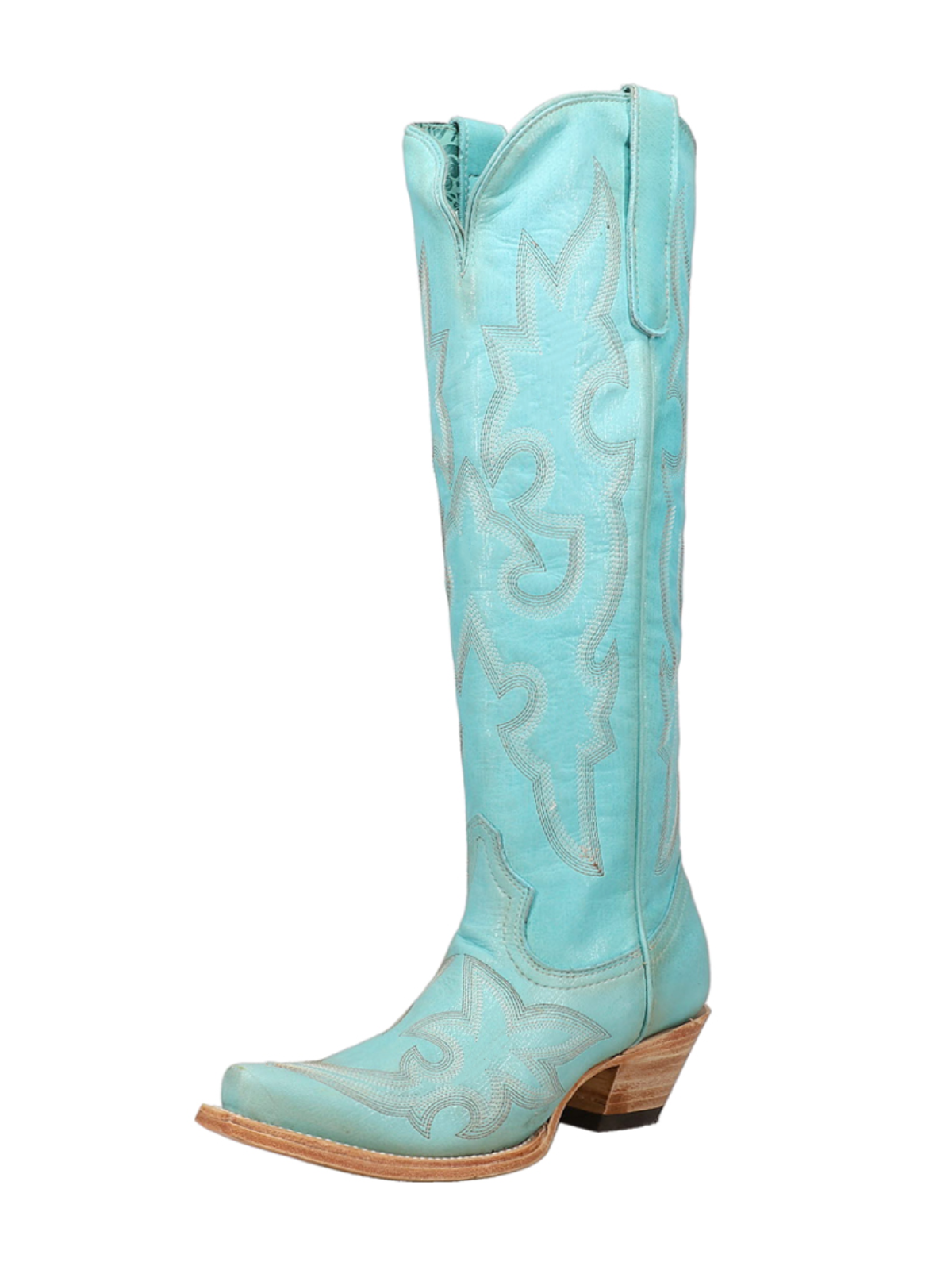 Ice Blue Embroidery Snip-Toe Wide Calf Tall Knee High Cowgirl Boots