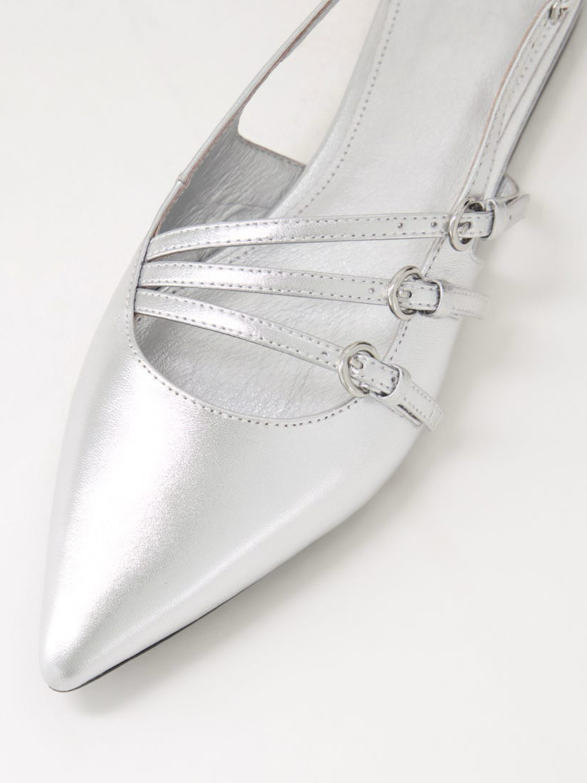 Metallic Silver Pointed-Toe Flats With Buckled Slingback