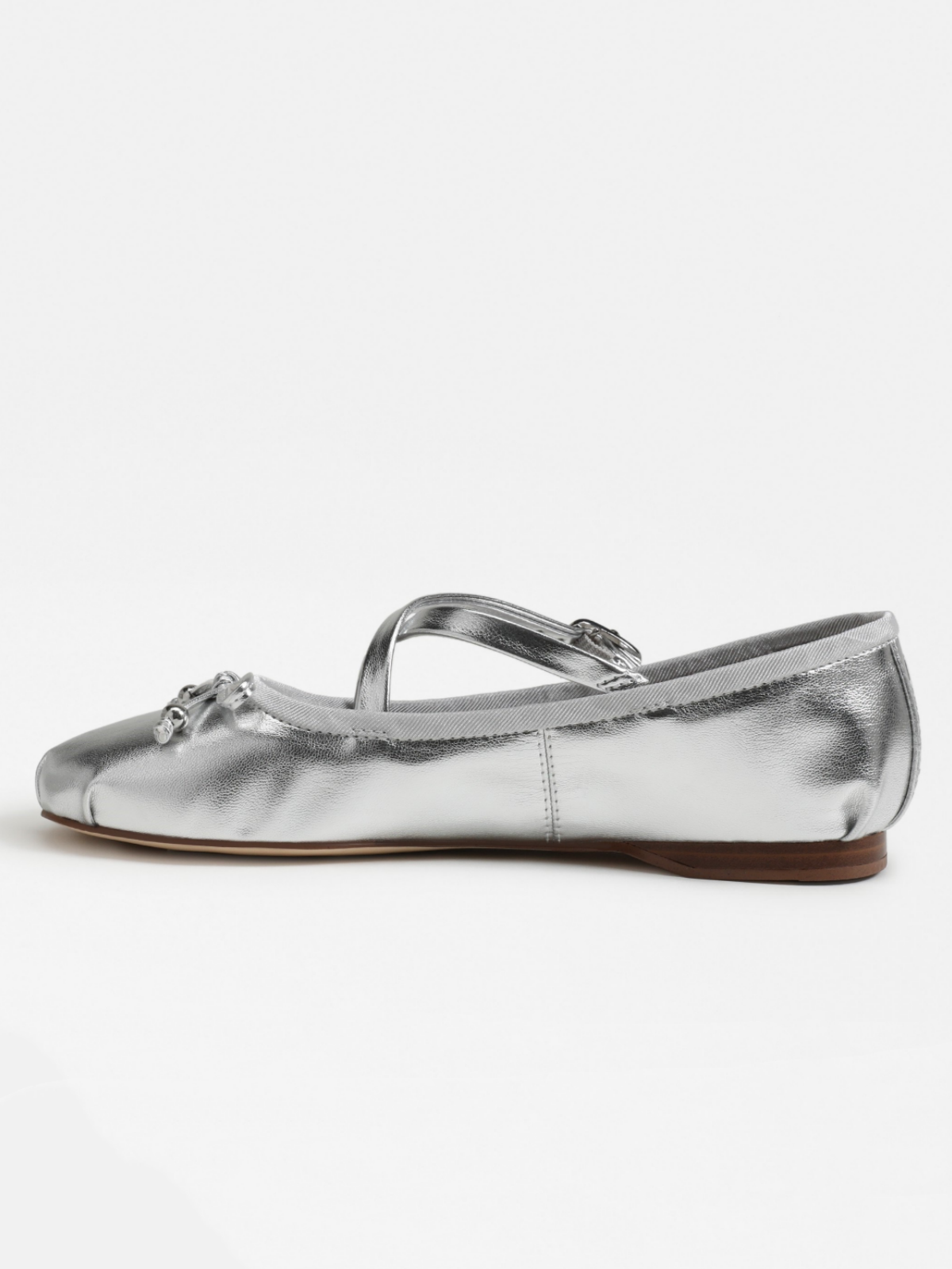 Metallic Silver Bow Ballerina Flats With Crossed Buckled Strap