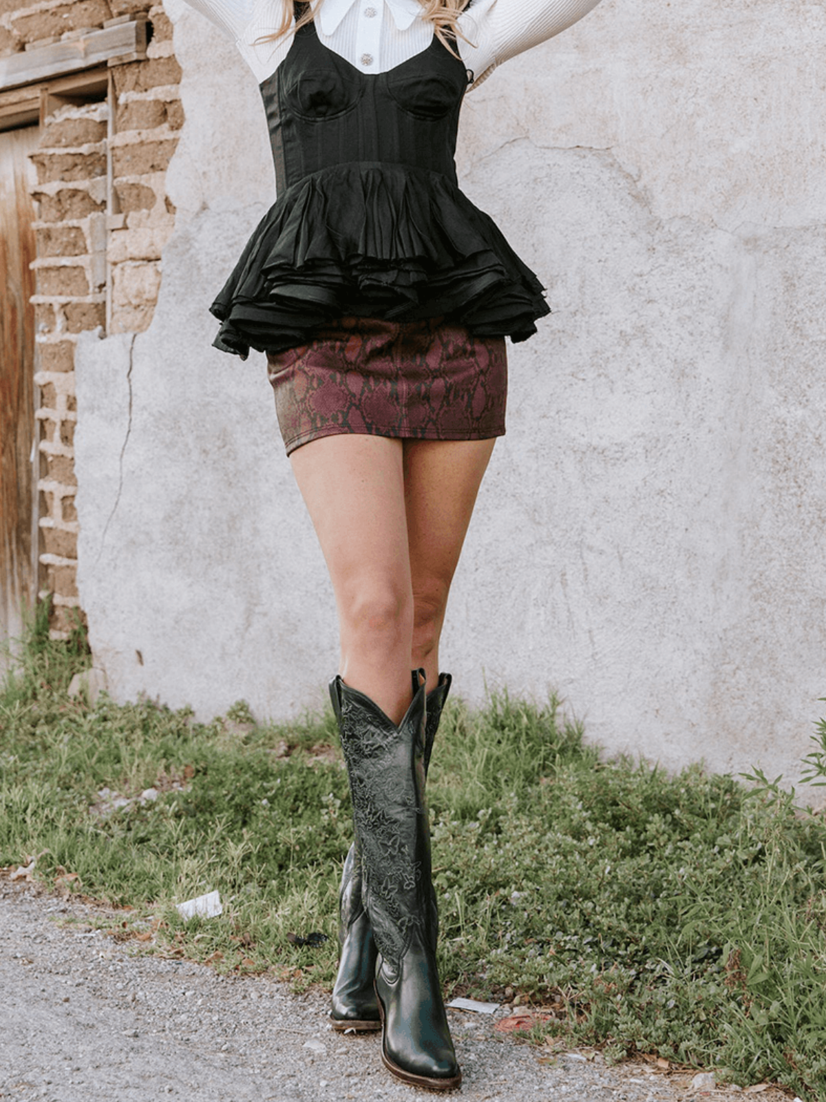 Dark Green Round-Toe Butterfly Embroidery Wide Calf Knee High Tall Cowgirl Boots