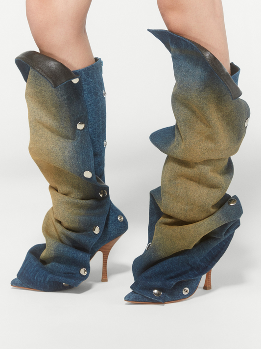 Blueyellow Denim Pointed-Toe Detachable Snap Panel Full-Zip Mid Calf Stiletto Boots