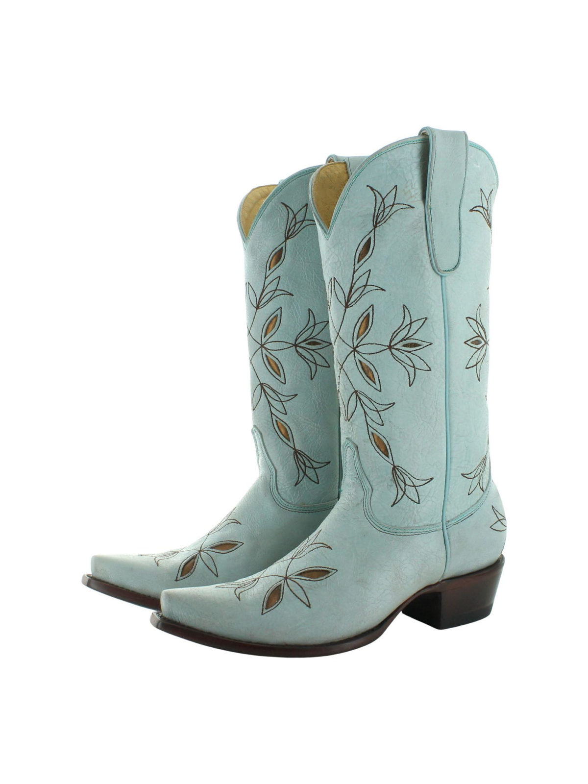 Light Green Floral Inlay Stitch Snip-Toe Cowgirl Boots Wide Calf Western Boots