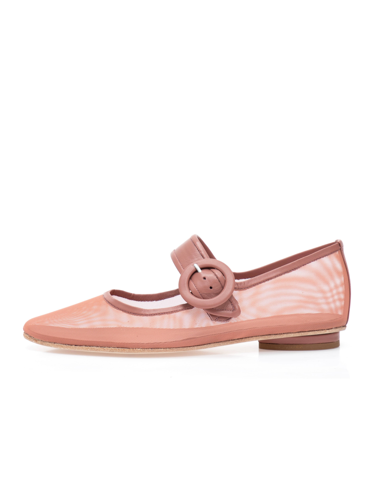 Pale Salmon Mesh Elongated Ballet Flats Mary Janes With Oversized Buckle