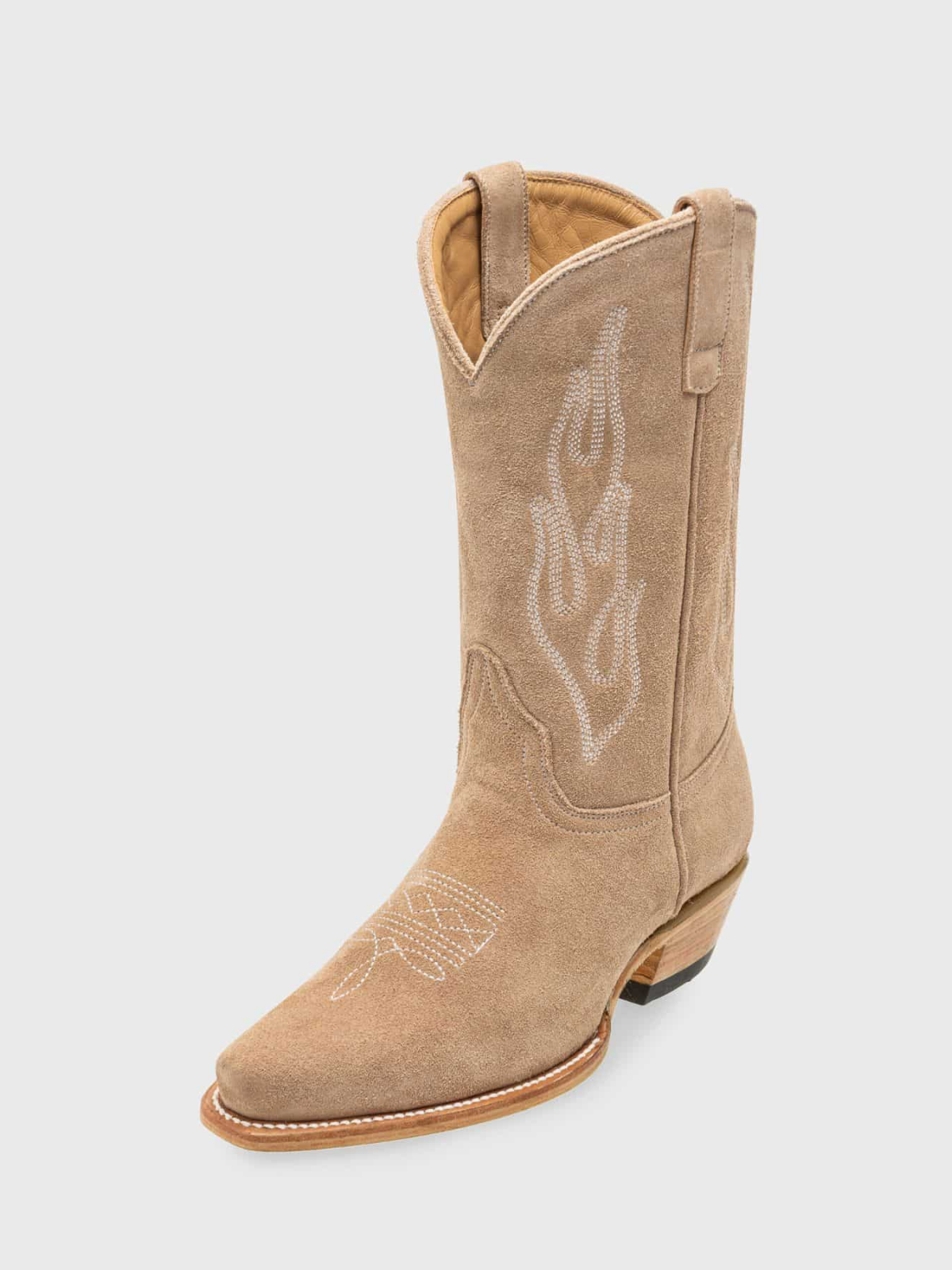 Flame Embroidery Faux Suede Snip-Toe Wide Mid Calf Tall Cowgirl Boots - Tan