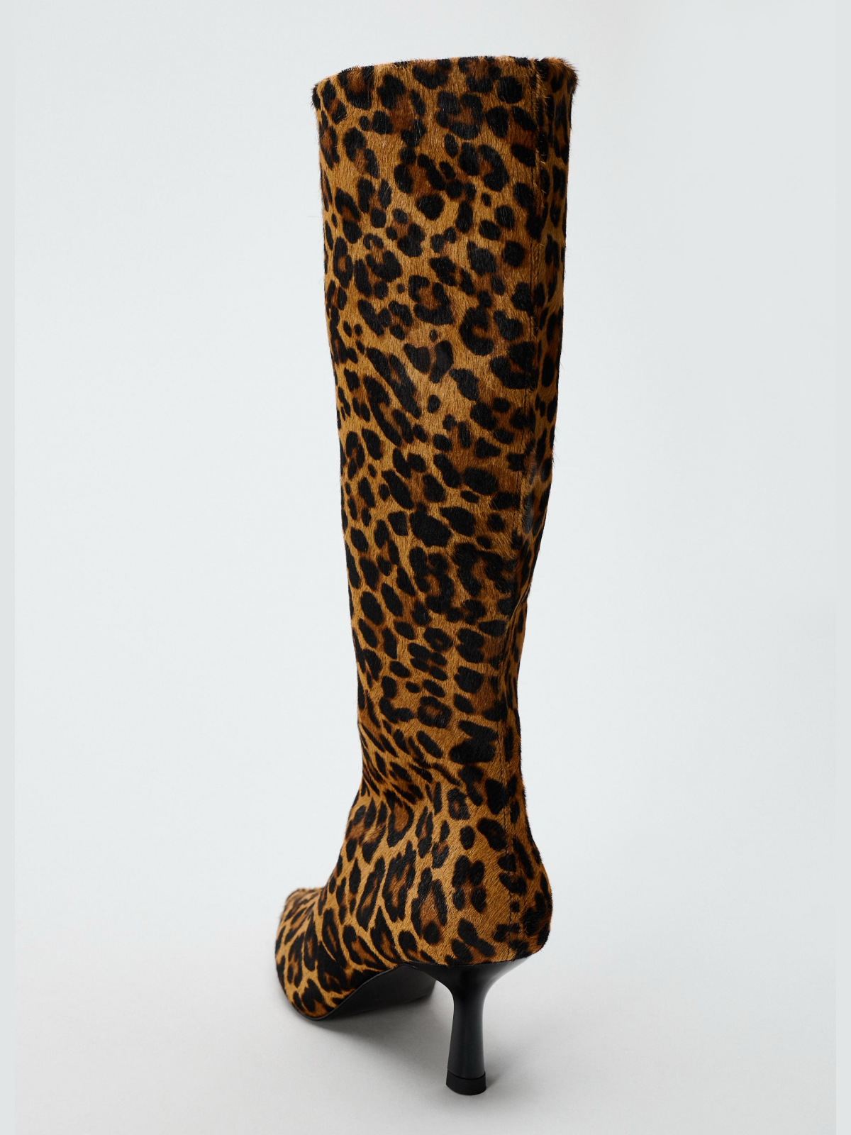 Leopard Faux Pony Hair Vegan Leather Pointed-Toe Full-Zip Mid Calf Stiletto Boots