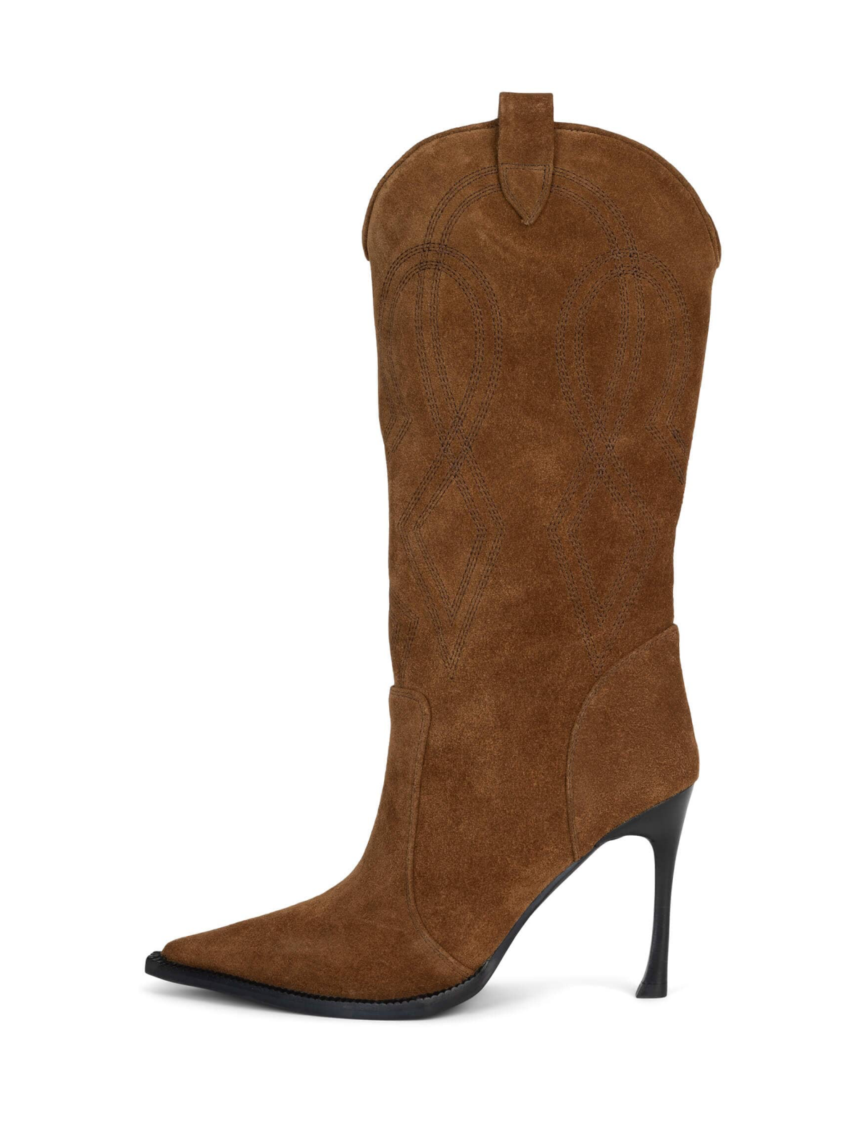 Dark Tan Faux Suede Pointed-Toe Embroidery Mid Calf Stiletto Boots