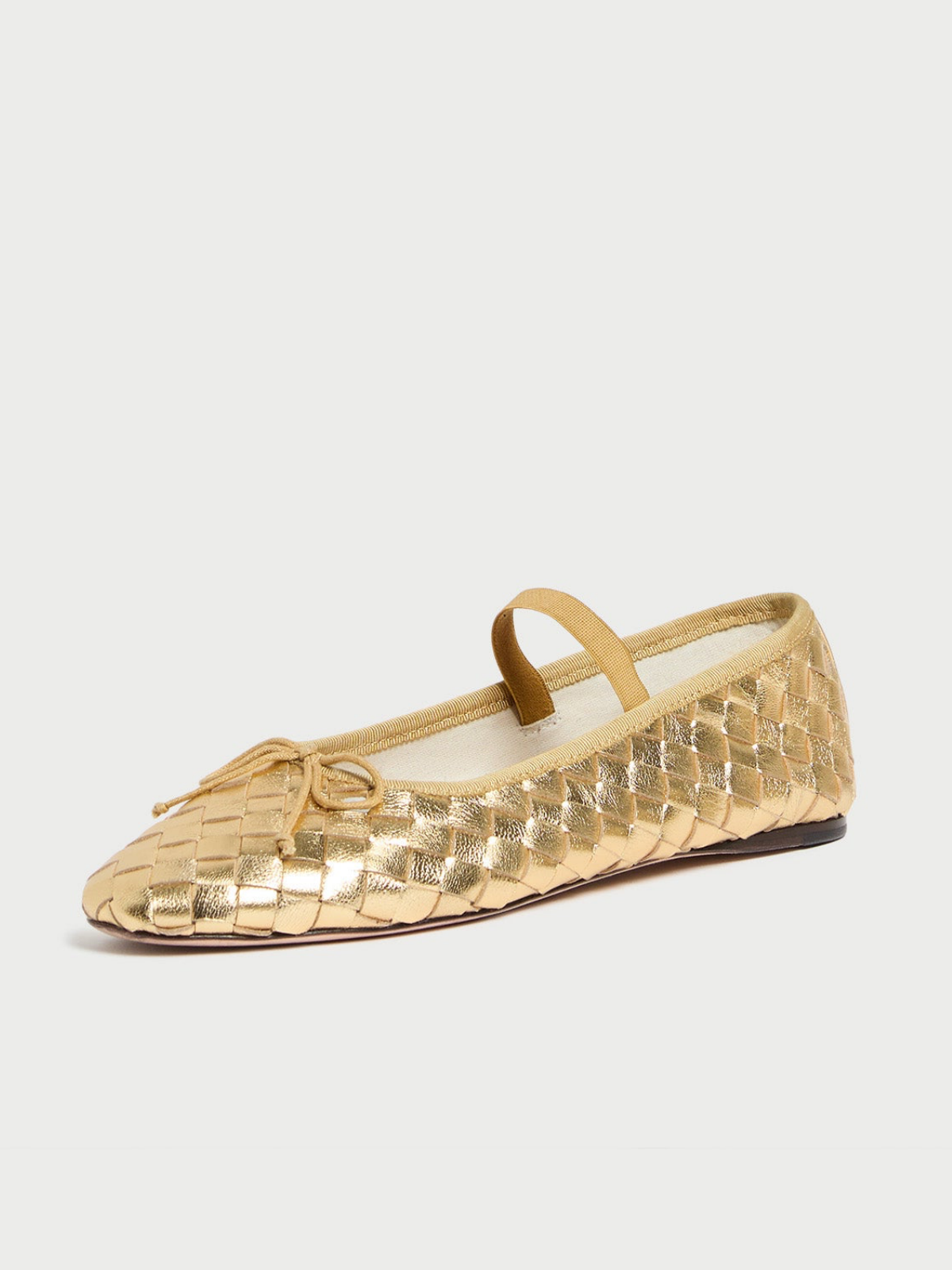 Metallic Gold Woven Bow Round-Toe Ballerina Flats Mary Janes With Elastic Band