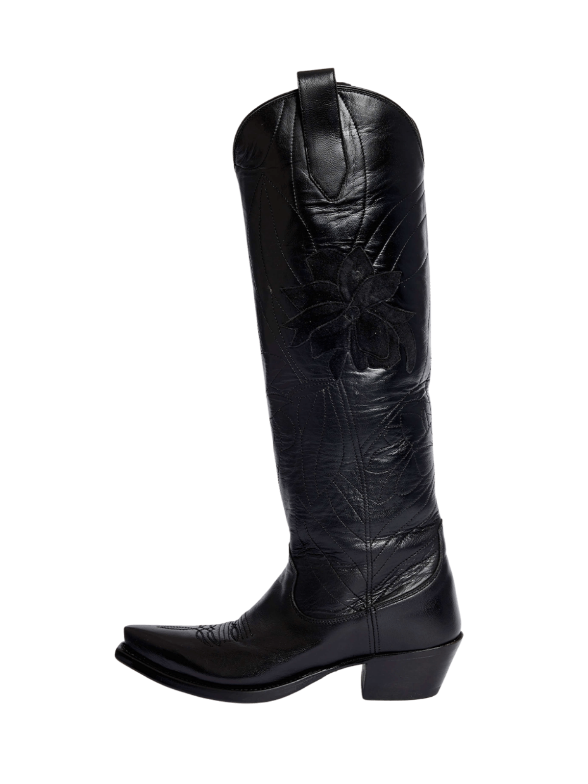 Black Snip-Toe Embroidery Faux Suede Flower Applique Wide Calf Knee High Cowgirl Boots