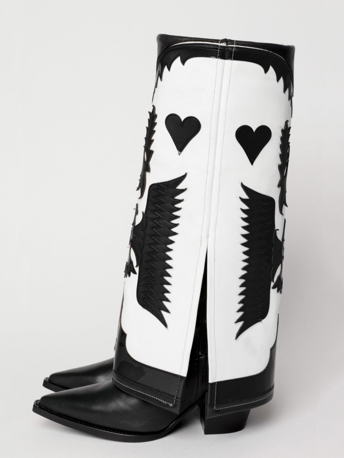 Fold-Over Panel Eagle And Heart Applique Snip-Toe Wide Mid Calf Boots - Black