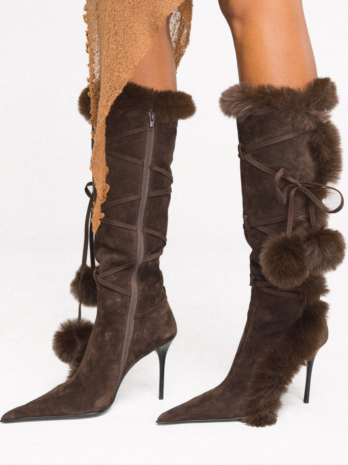 Brown Faux Suede Pointed-Toe Full-Zip Mid Calf Stiletto Boots With Wrap-Around And Plush