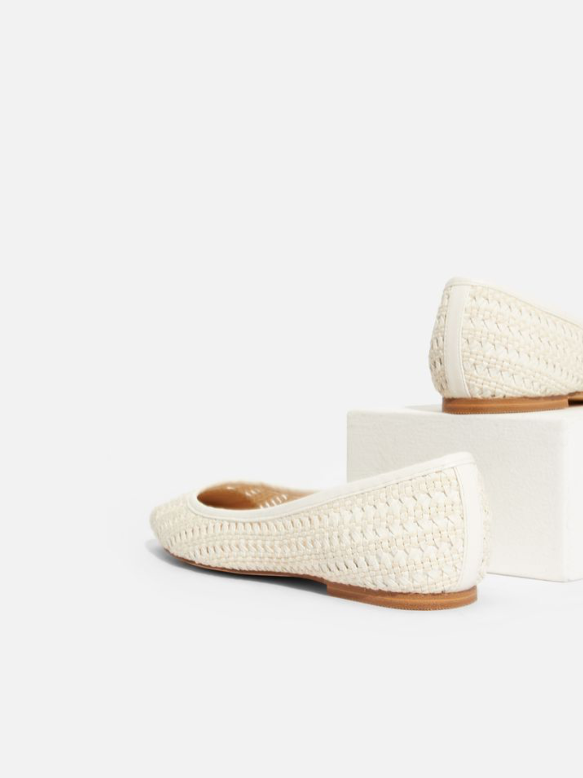 White Boho Woven Hollow-Out Flats Slip-On Ballerinas With Square Toe