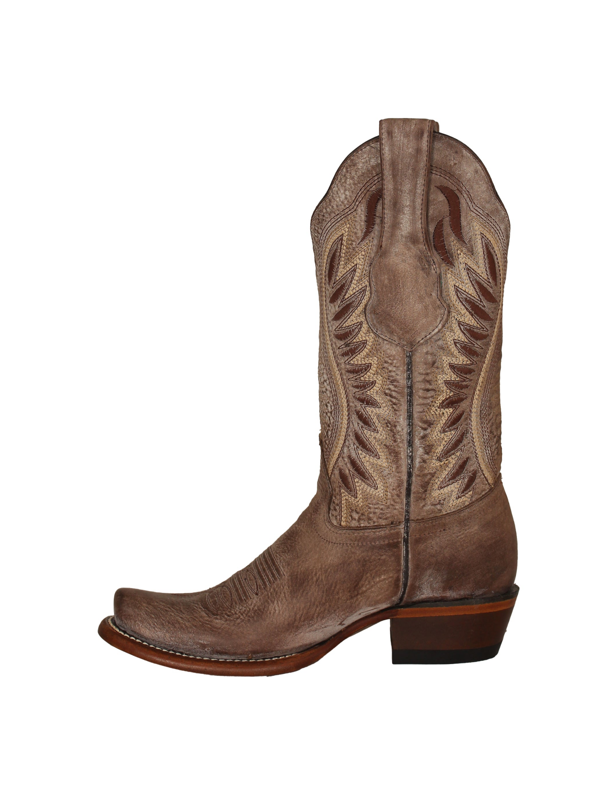 Distressed Brown Square-Toe Embroidery Wide Mid Calf Cowgirl Boots