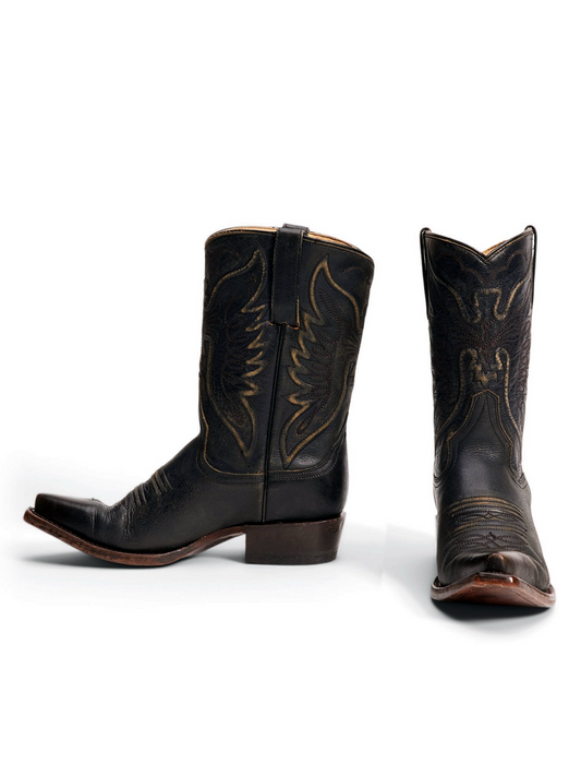 Black Snip-Toe Eagle Embroidery Padded Wide Mid Calf Cowgirl Boots