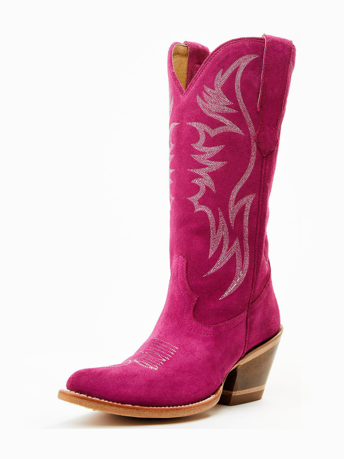 Faux Suede Wings Embroidery Pointed-Toe Wide Mid Calf Tall Cowgirl Boots - Fuchsia