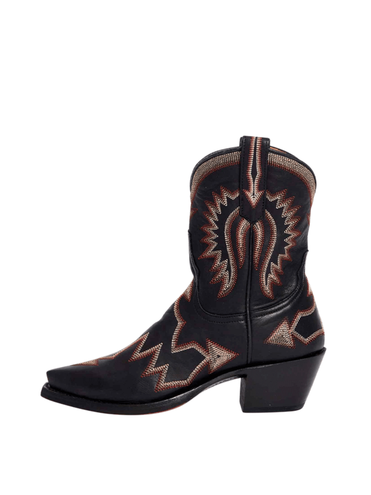 Jagged Embroidery Snip-Toe Wide Mid Calf Cowgirl Boots - Black