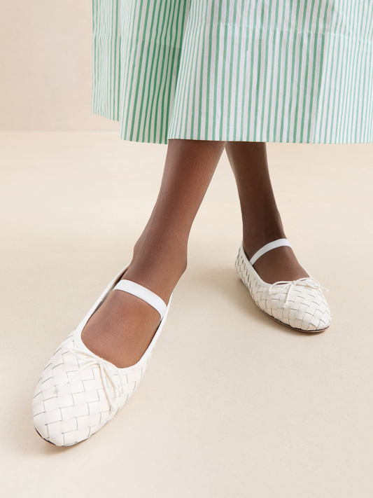 White Woven Bow Round-Toe Ballerina Flats Mary Janes With Elastic Band